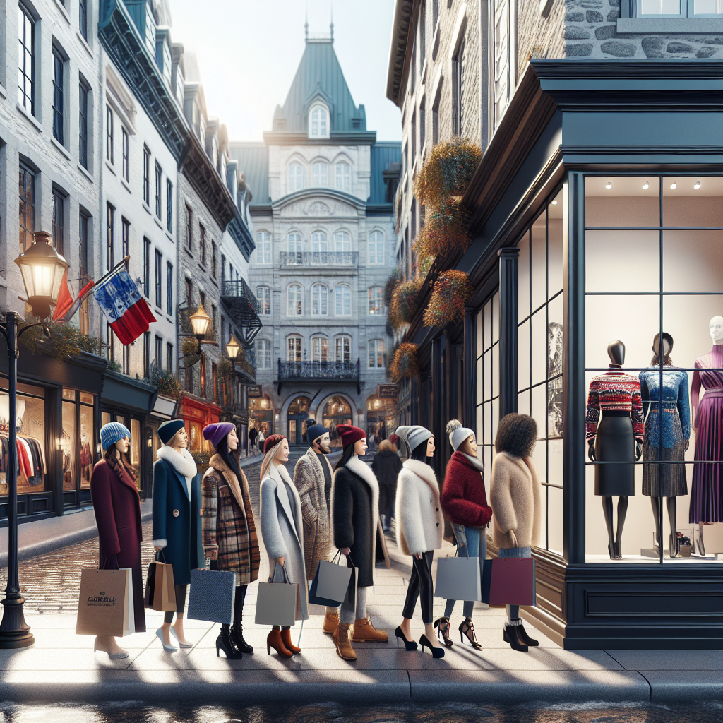 Artistic portrayal of Quebec City's fashion-forward streets with boutique shops and stylish pedestrians, blending old-world charm with contemporary style, void of any text or faces.