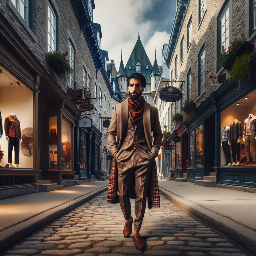 Fashionably dressed person walking through a charming, cobbled street in Quebec City, reflecting a fusion of classic and modern style.