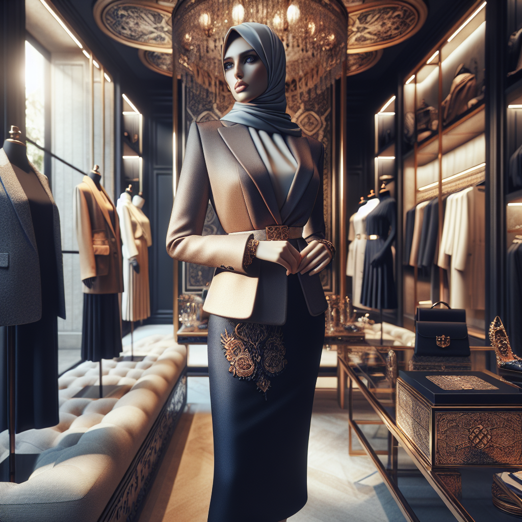 Sophisticated woman in a luxurious fashion boutique with high-quality designer clothes and elegant decor.