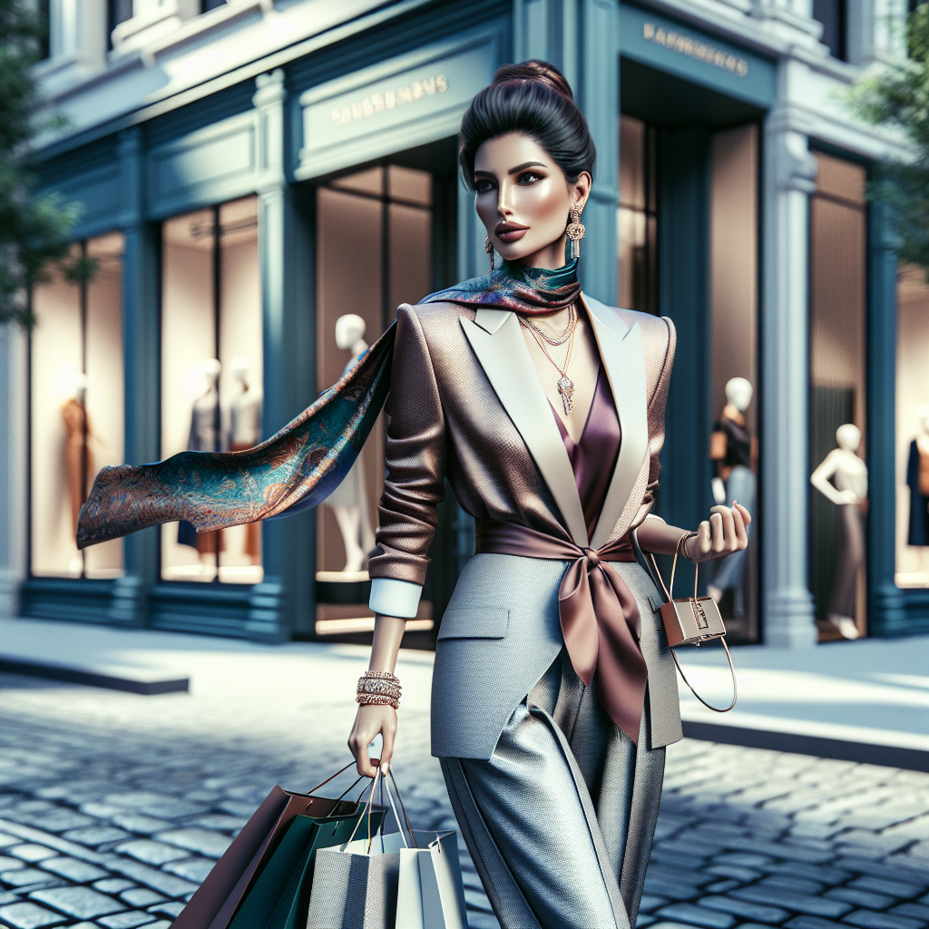 A confidently walking sophisticated woman with designer shopping bags in a luxury shopping district.