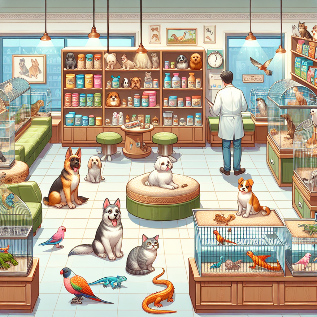 A realistic scene inside a busy pet shop with various animals, pet products, and a friendly interaction between a shopkeeper and a customer.