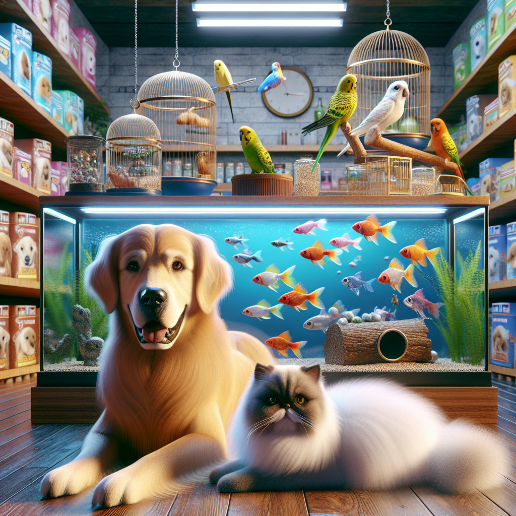 A realistic depiction of the inside of a pet shop with various pets and pet products.