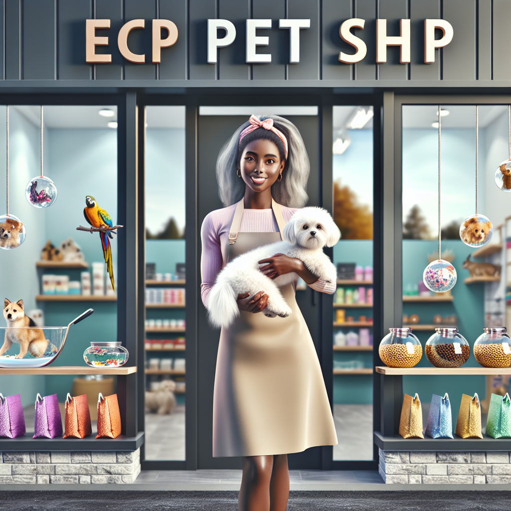 Front view of ECP Pet Shop showing various pet products, a smiling staff member holding a white dog, with other small pets around.