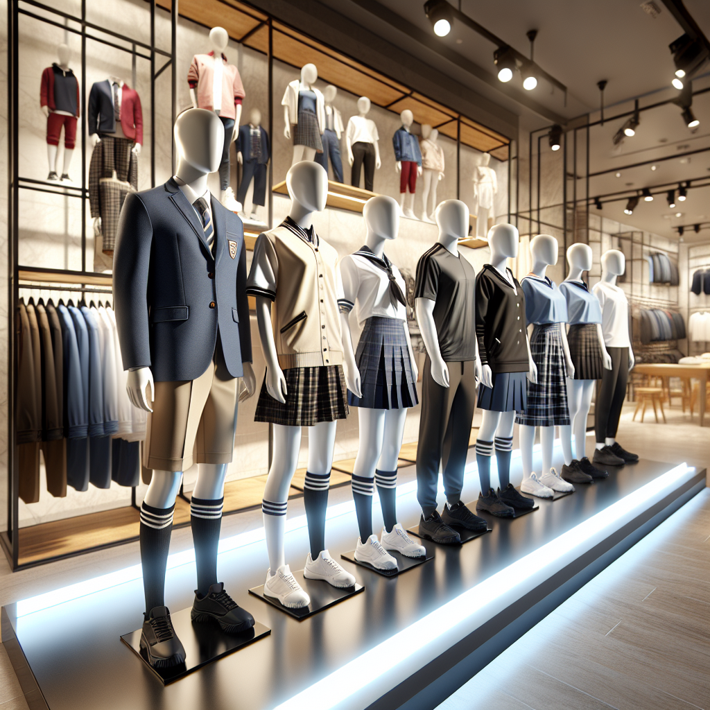 A showcase of various JC uniforms in a modern store, highlighting school, sports, and special event attire.