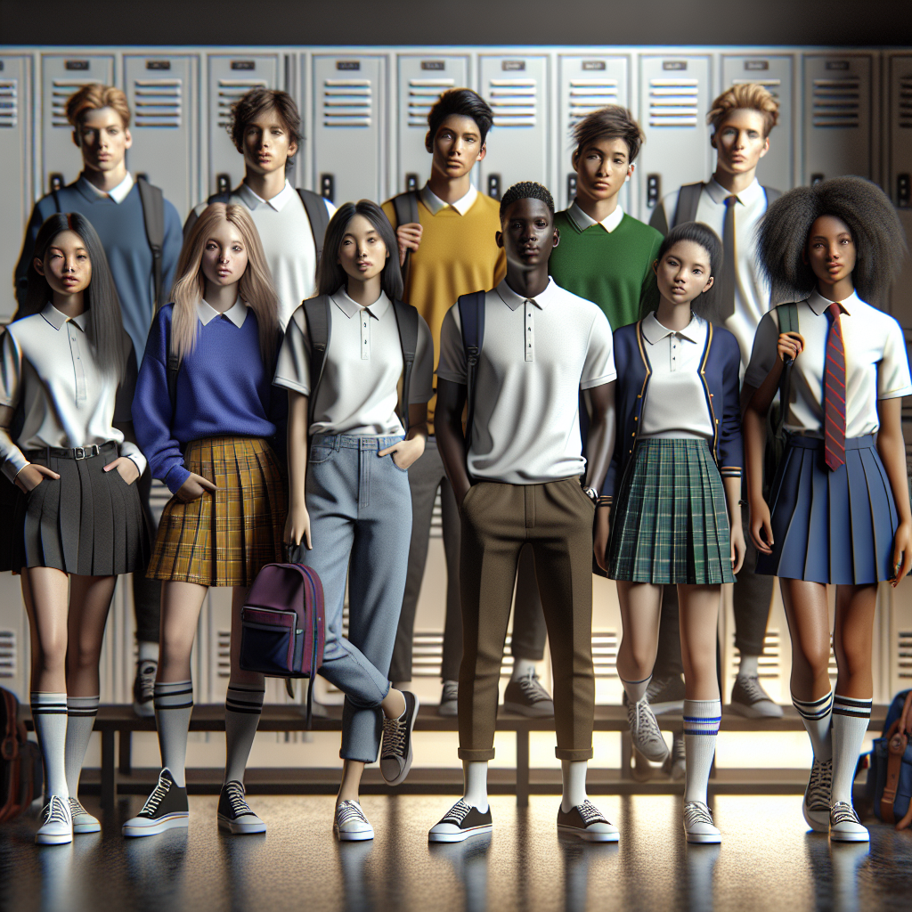 A group of students wearing various styles of JC uniforms in a school setting.