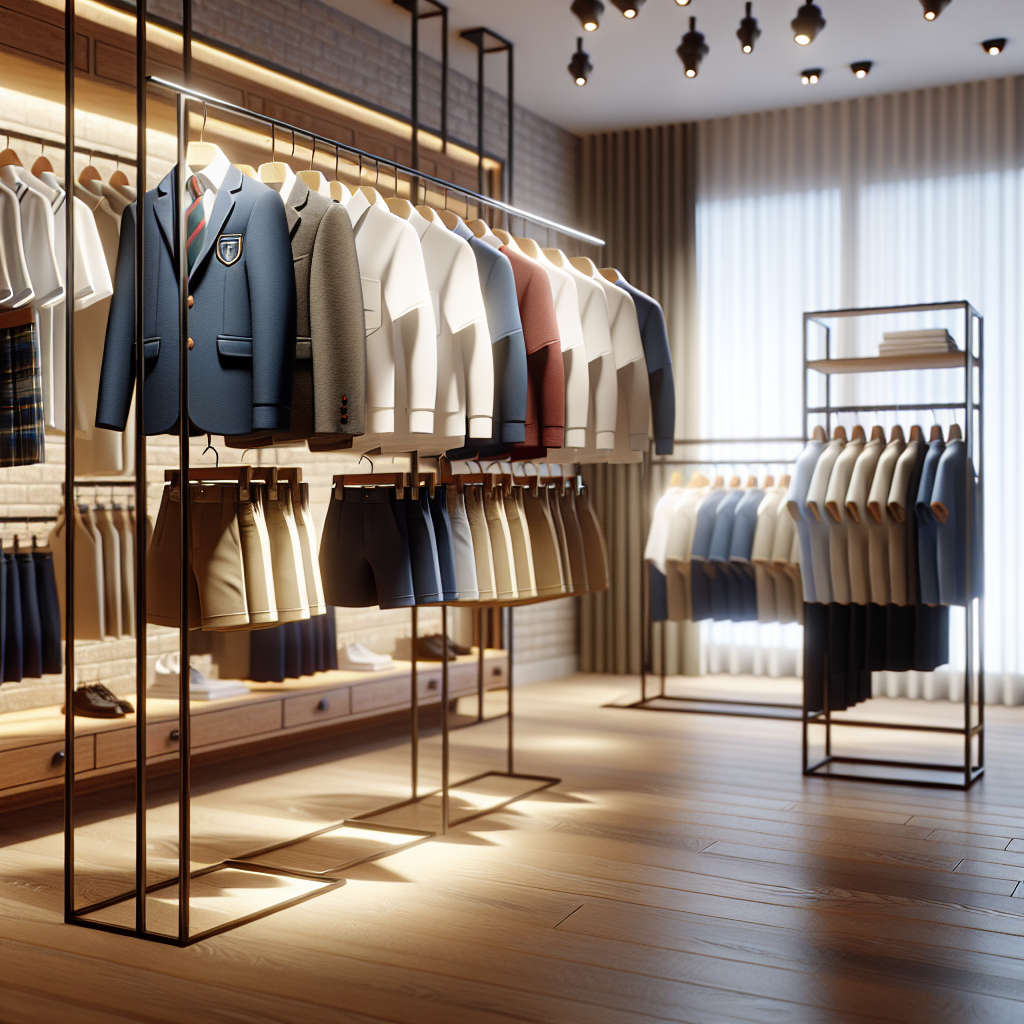 Realistic image of various JC uniforms displayed in a stylish boutique.