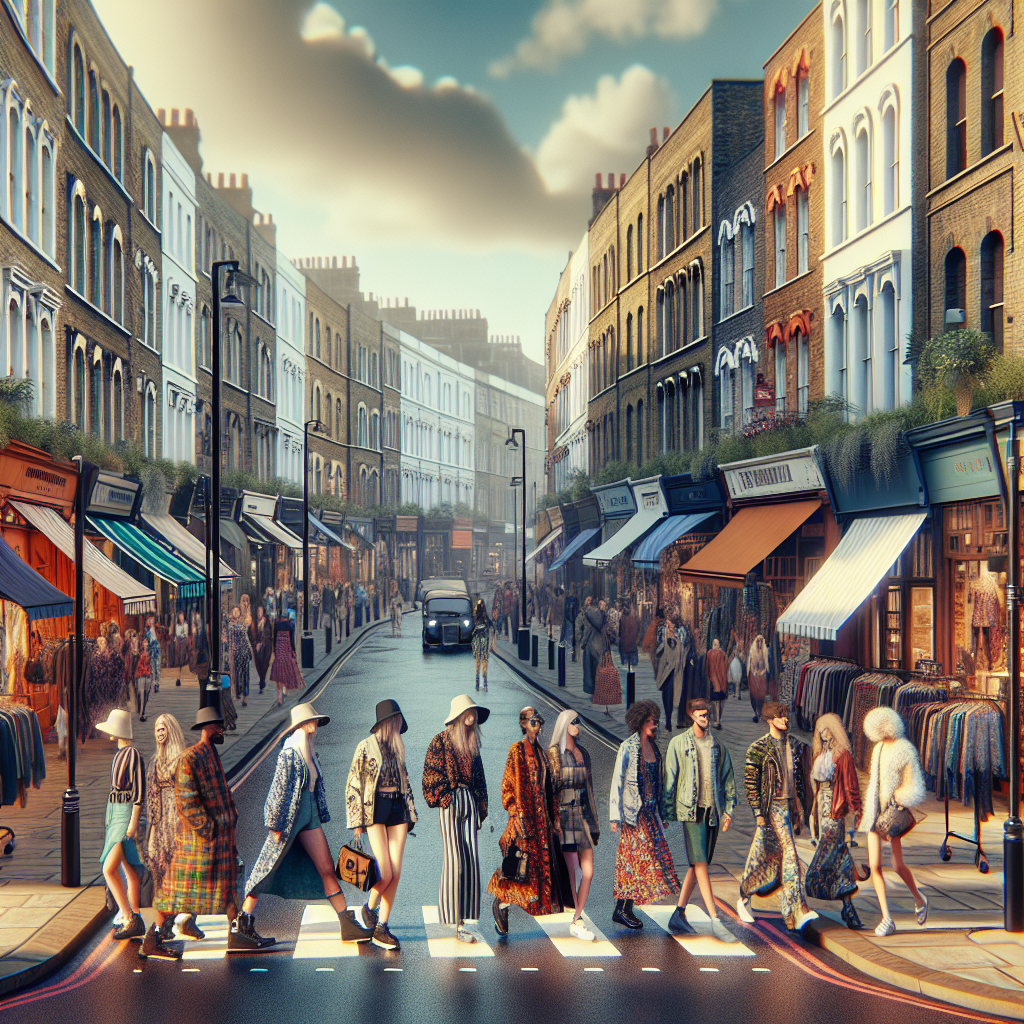 Bustling East London street showcasing vibrant fashion with stylish people and eclectic storefronts.