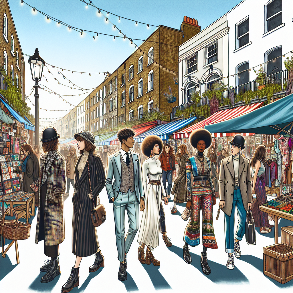 East London fashion scene with bustling markets, chic boutiques, and diverse shoppers.