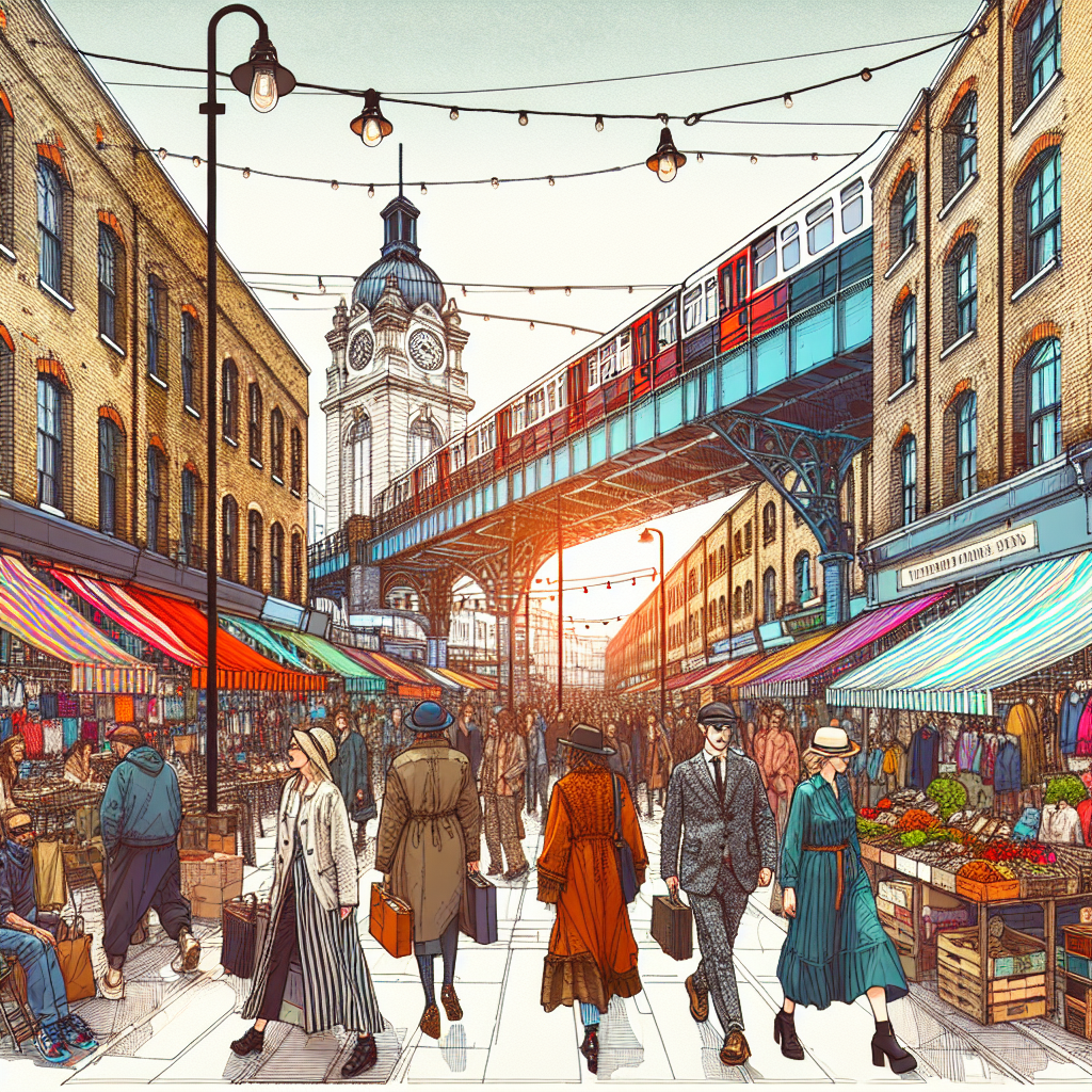 A vibrant scene in East London featuring diverse individuals in stylish, eco-friendly clothing, amidst chic boutiques and market stalls.