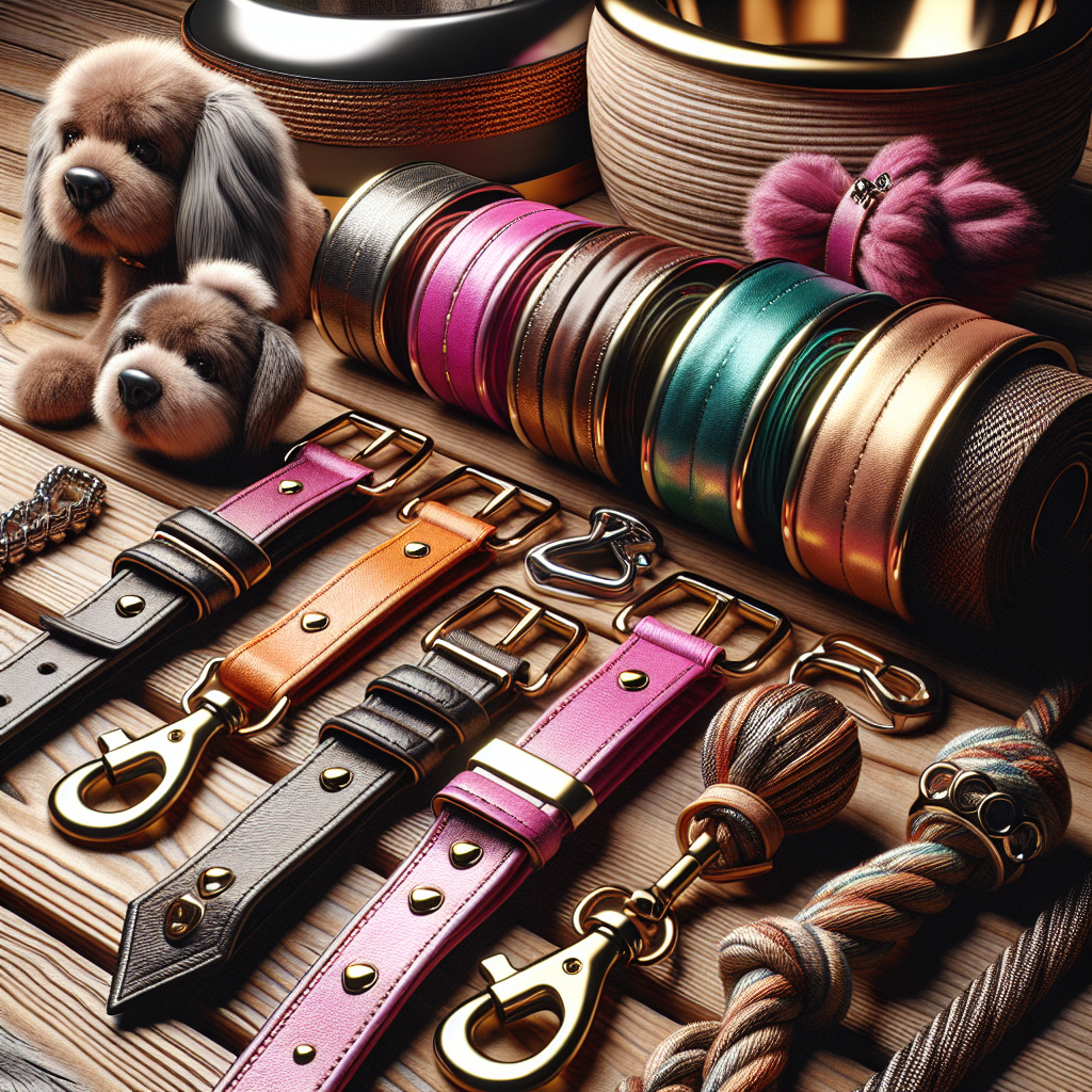 Assorted trendy pet accessories displayed on a wooden surface.