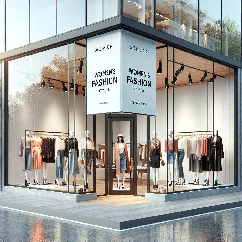 Realistically styled women's fashion storefront with a promotional banner and a range of clothing styles displayed in the window.