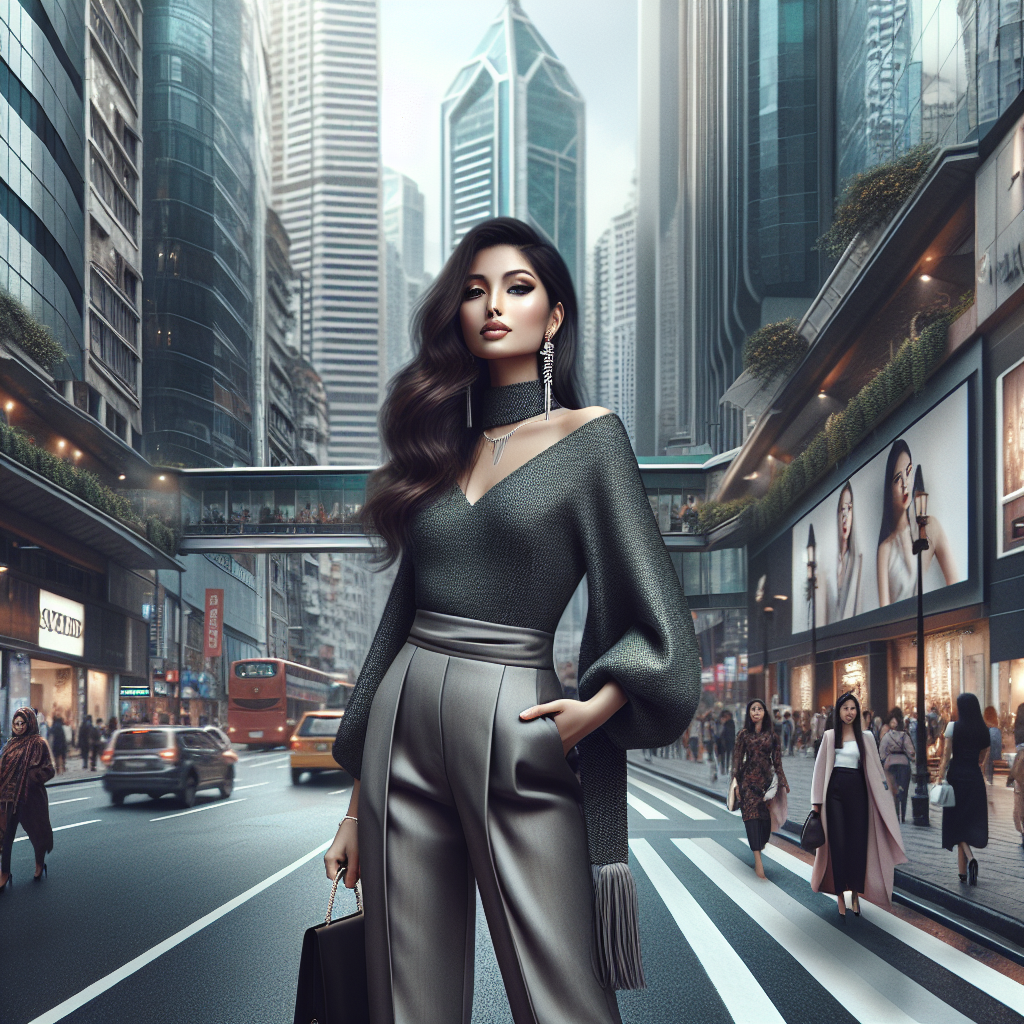 A stylish woman in trendy clothing on a city street, inspired by a fashion deals banner.