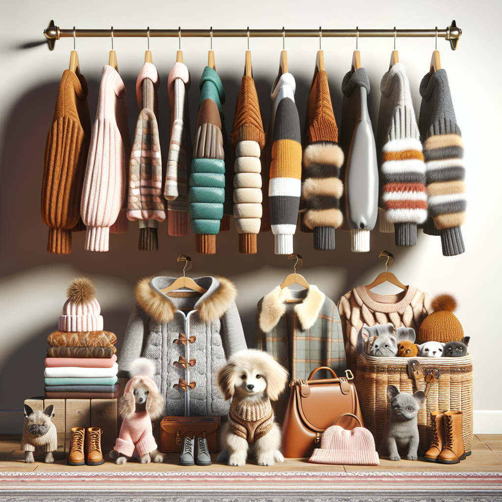 Realistic and detailed image of a pet fashion boutique display with a variety of stylish pet clothing.