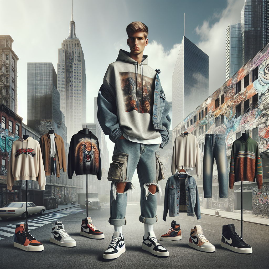 Realistic image of current men's fashion trends with a male model in streetwear. Inspired by an example from https://nebulaflux.shop/images/mens-trends.jpg.