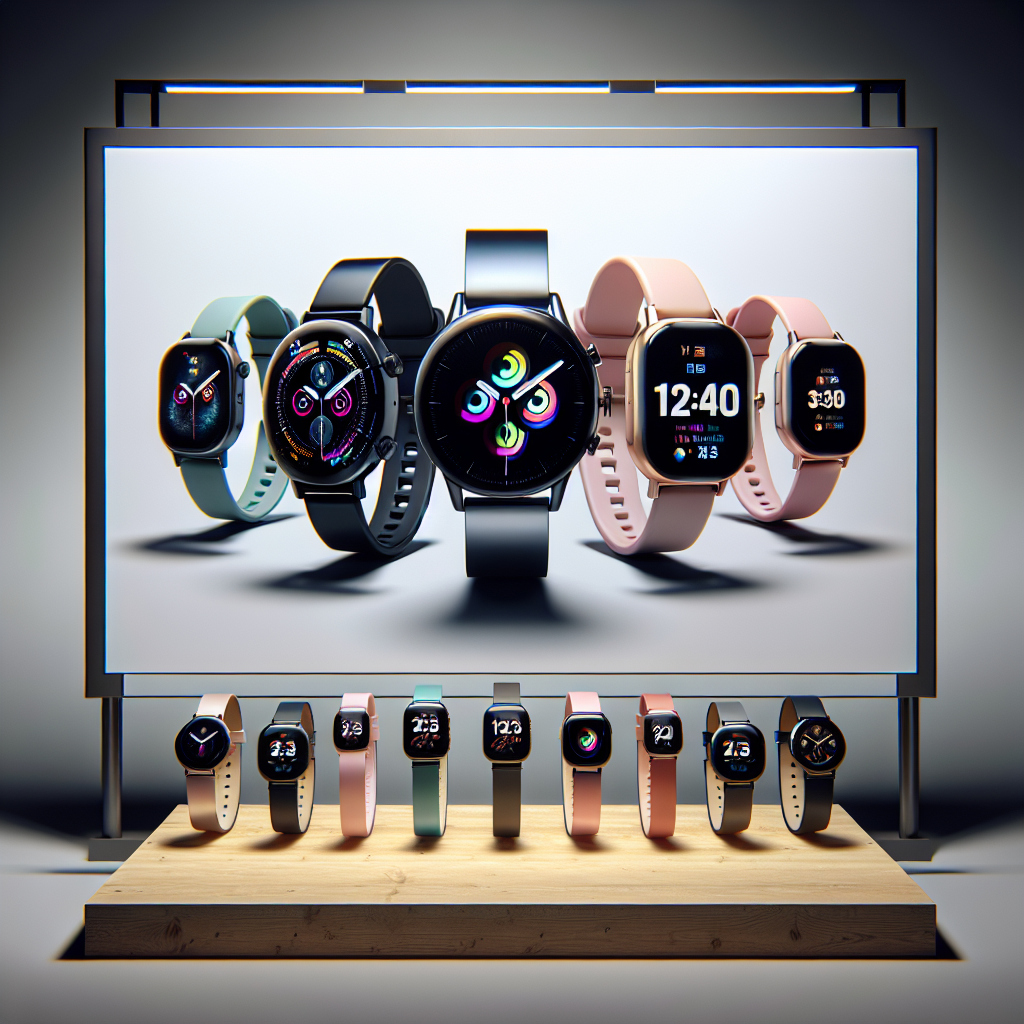 An assortment of modern, stylish smartwatches on a banner, highlighting their design and features.