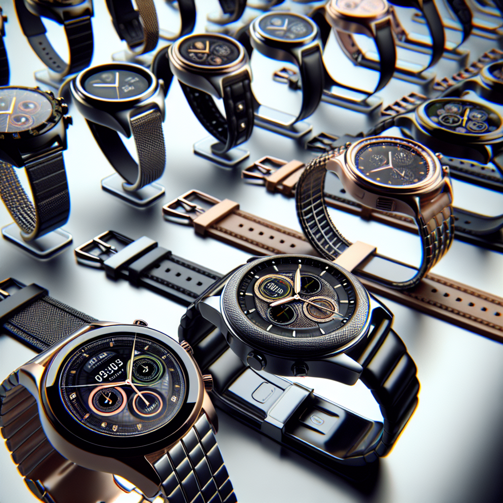 An assortment of fashionable smart watches on display, depicting modern and sleek designs.