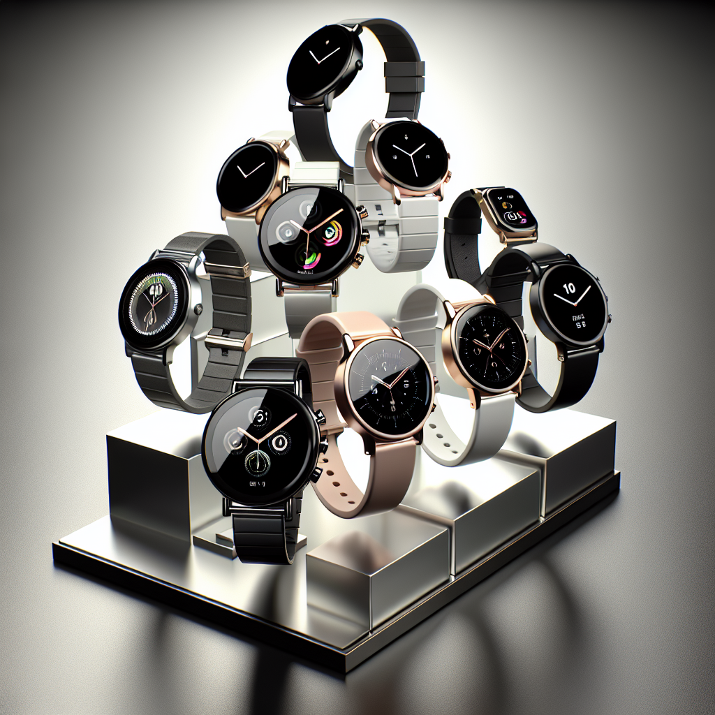 An array of fashionable smart watches with modern designs on a minimalist background.