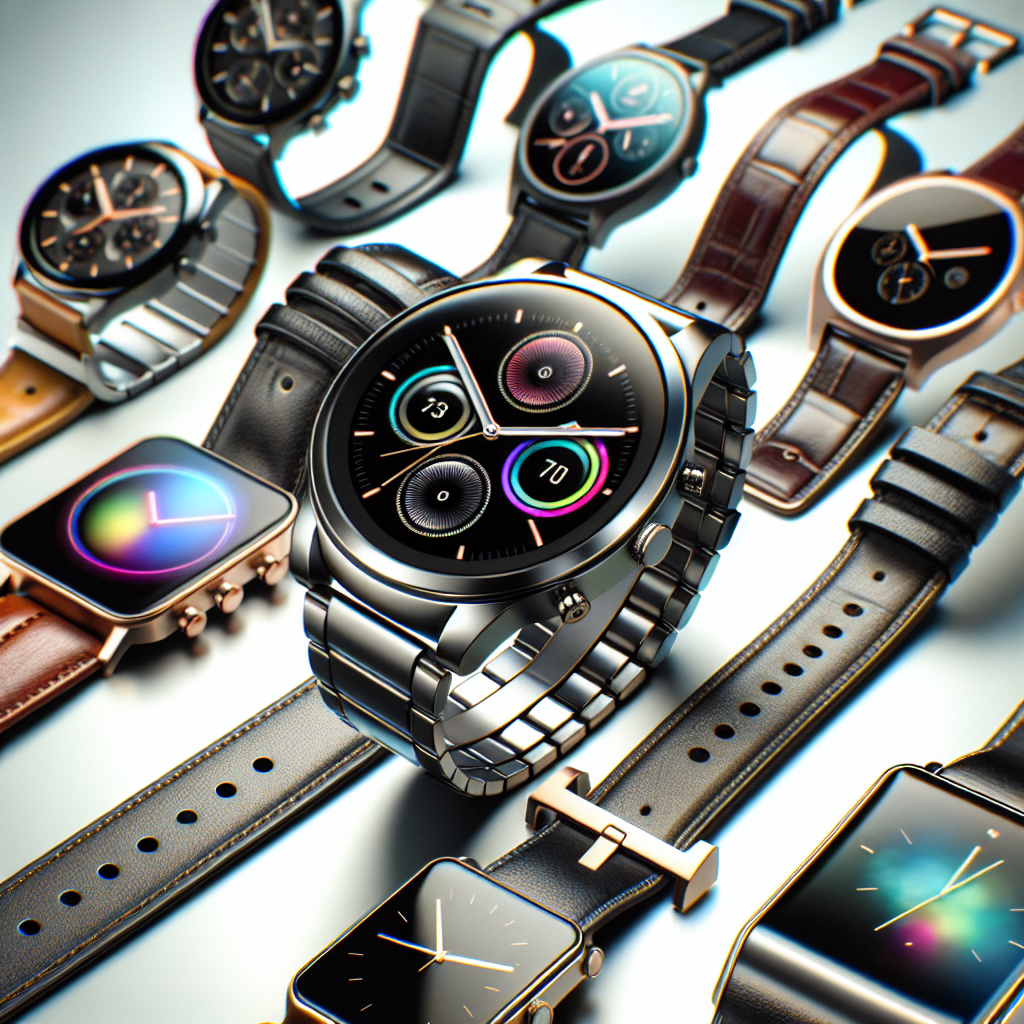 Fashionable smart watches on a sophisticated background.