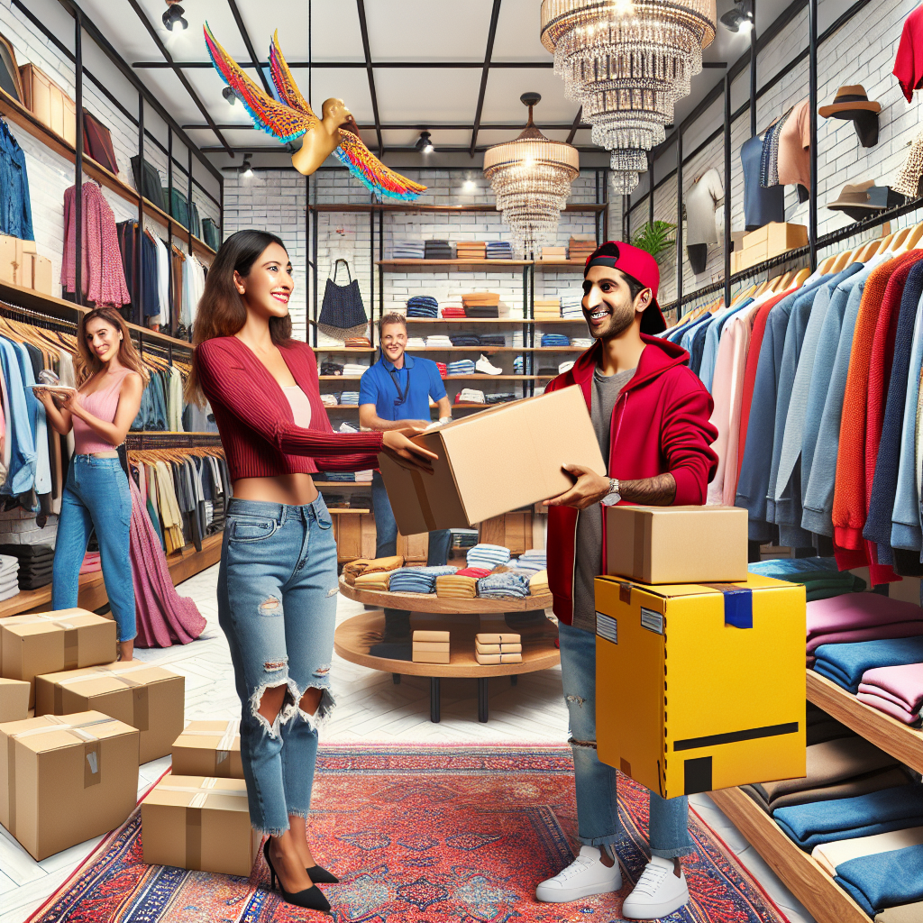 Realistic depiction of a busy clothing store emphasizing fast shipping with visible packages and a courier.