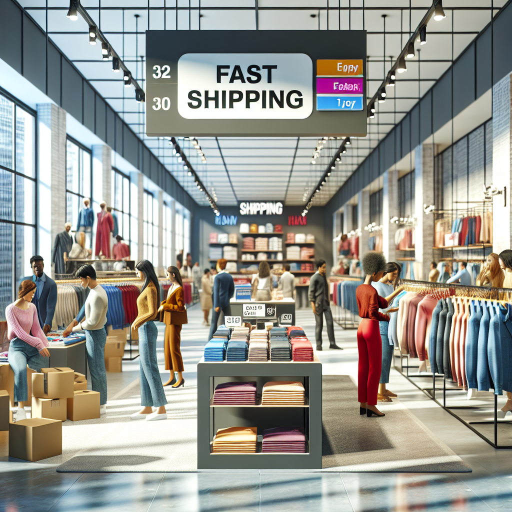 A realistic depiction of a modern clothing store with a vibrant 'Fast Shipping' sign and well-organized clothing displays.