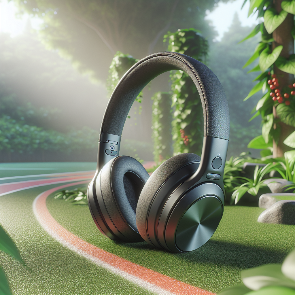 Realistic image of wireless fitness headphones in an outdoor fitness setting.