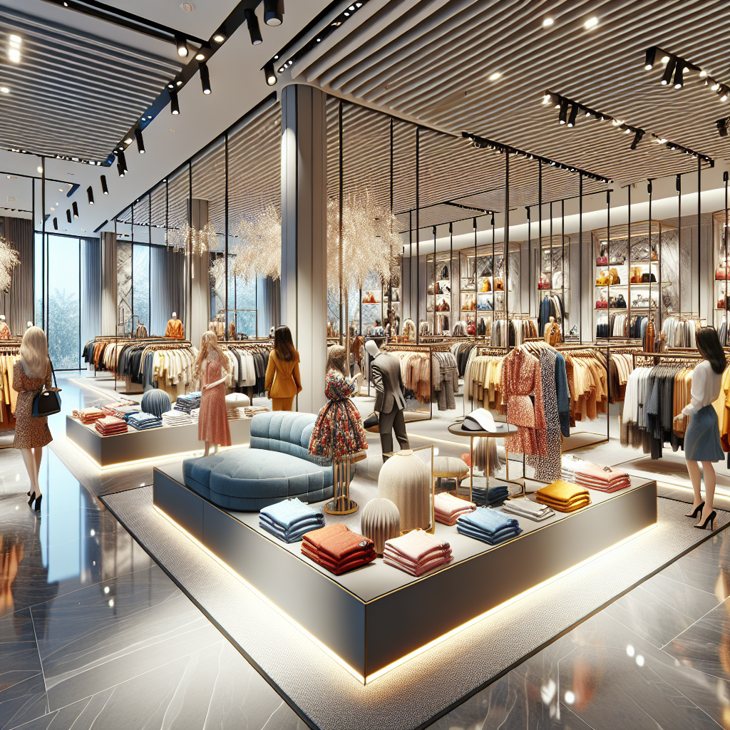 A realistic illustration of a modern clothes store interior with customers and stylish displays.