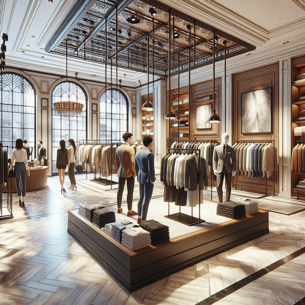 Interior of a high-end clothes store with elegant decor and designer outfits.