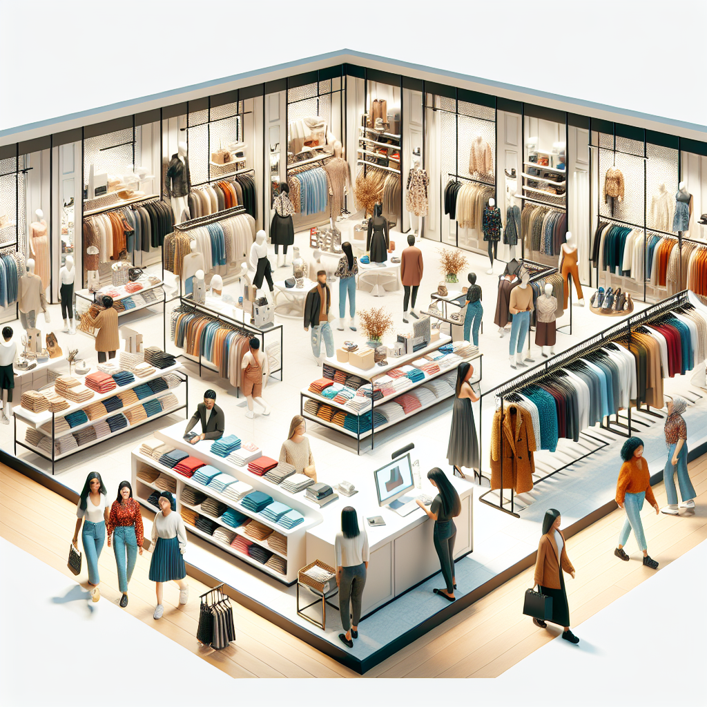 Interior of a modern clothes store with a stylish and well-organized layout, showcasing various clothes.