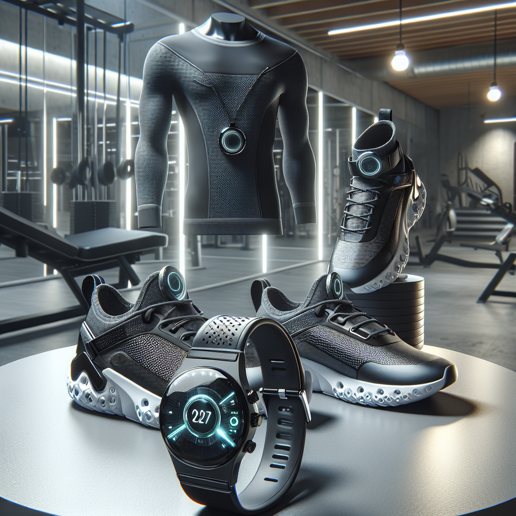 Smart fitness gear including a smartwatch, smart shoes, and smart clothing in a gym setting.