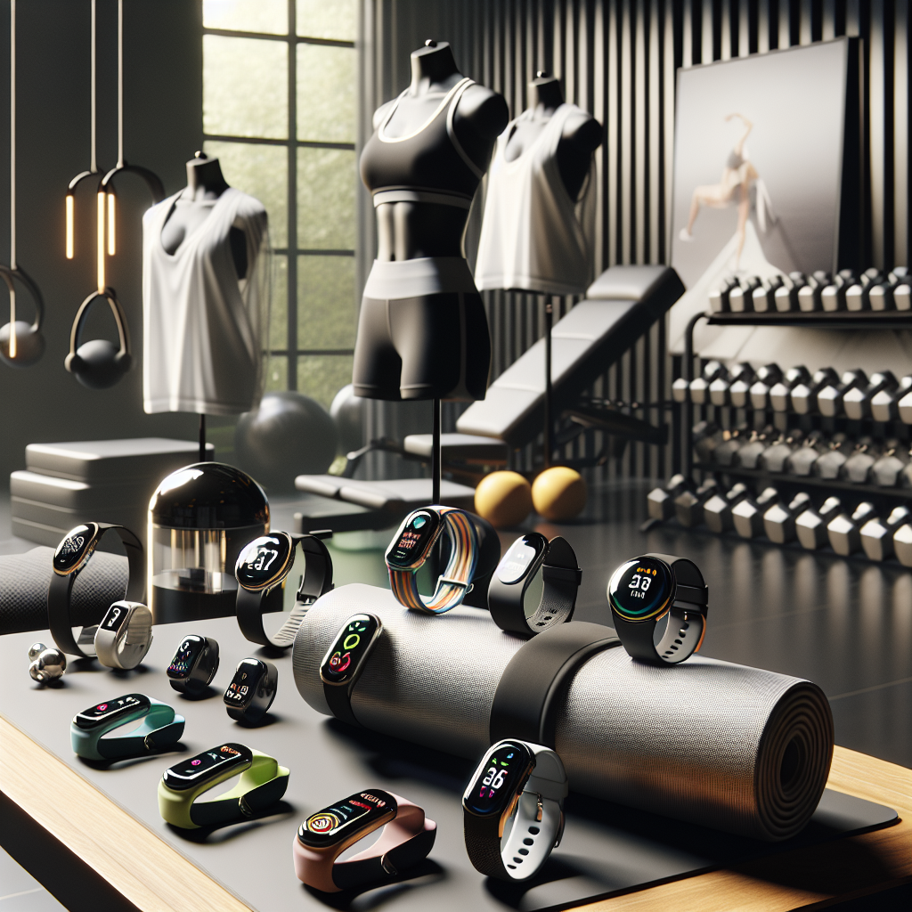 A modern home gym displaying smart fitness gear including smartwatches, fitness bands, and smart clothing.