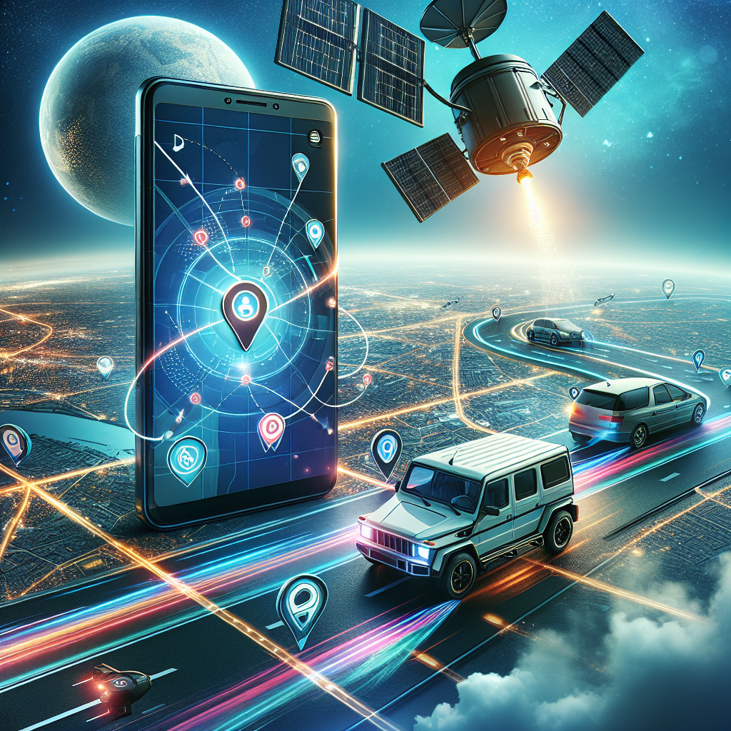 Realistic depiction of GPS tracking solutions with a map on a smartphone, vehicles, and a satellite.