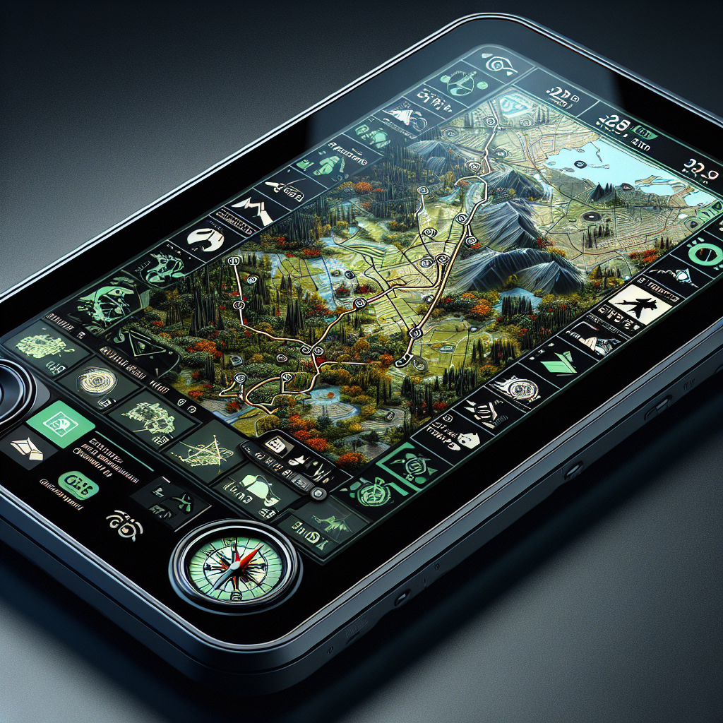 A realistic depiction of a modern GPS tracking device in various outdoor settings, showing detailed maps and tracking data.