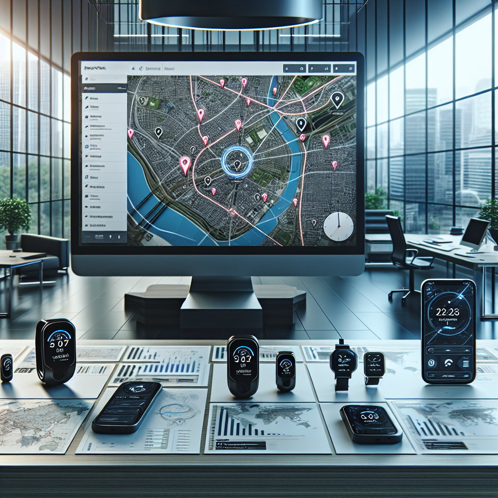 A realistic setup showing GPS tracking solutions with digital maps and associated devices in a modern office setting.