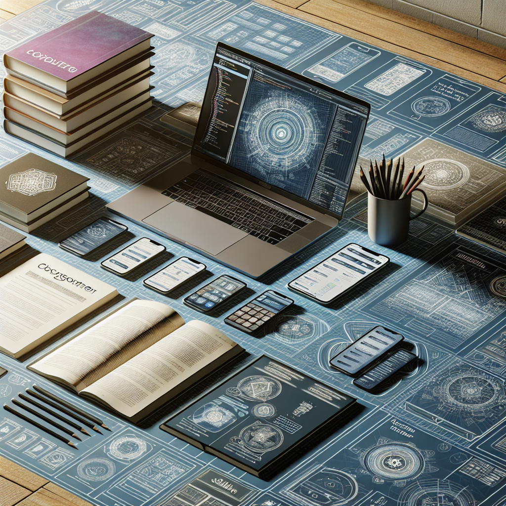 Various educational resources for app developers, including a laptop, textbooks, and a smartphone, laid out on a table.