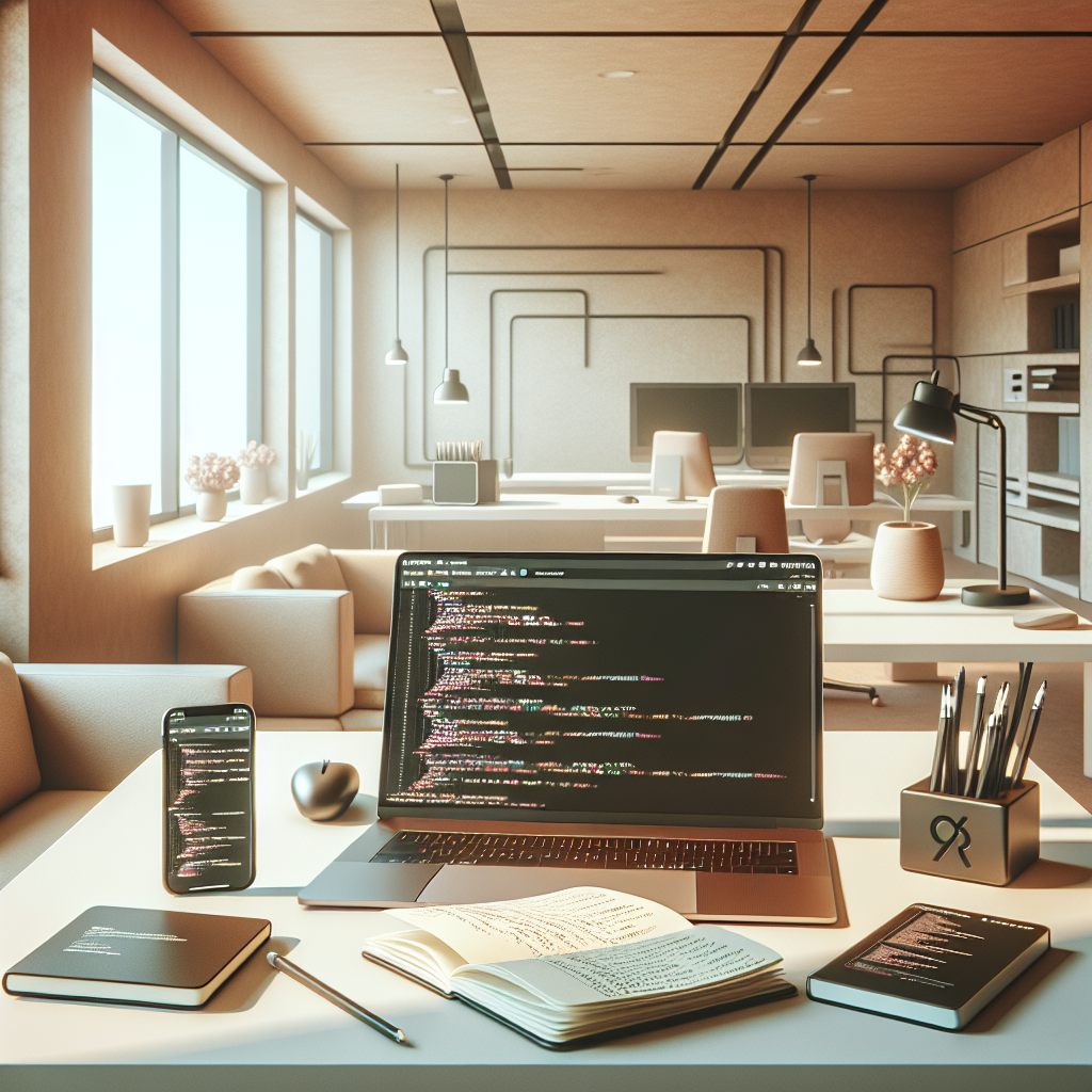 A modern workspace setup for mobile app development with a laptop, notebook, and smartphone.