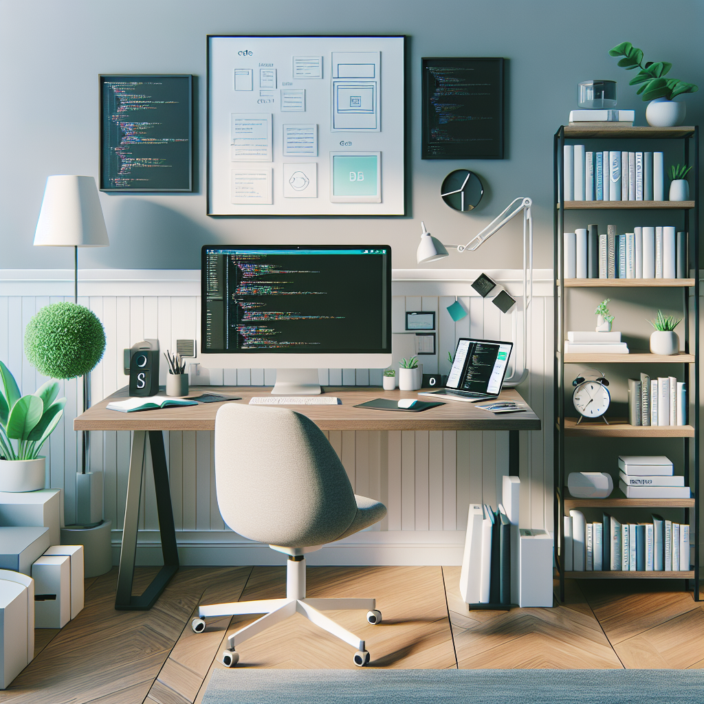 Realistic workspace setup for mobile app development education with computer, tablet, coding textbooks, and a potted plant.