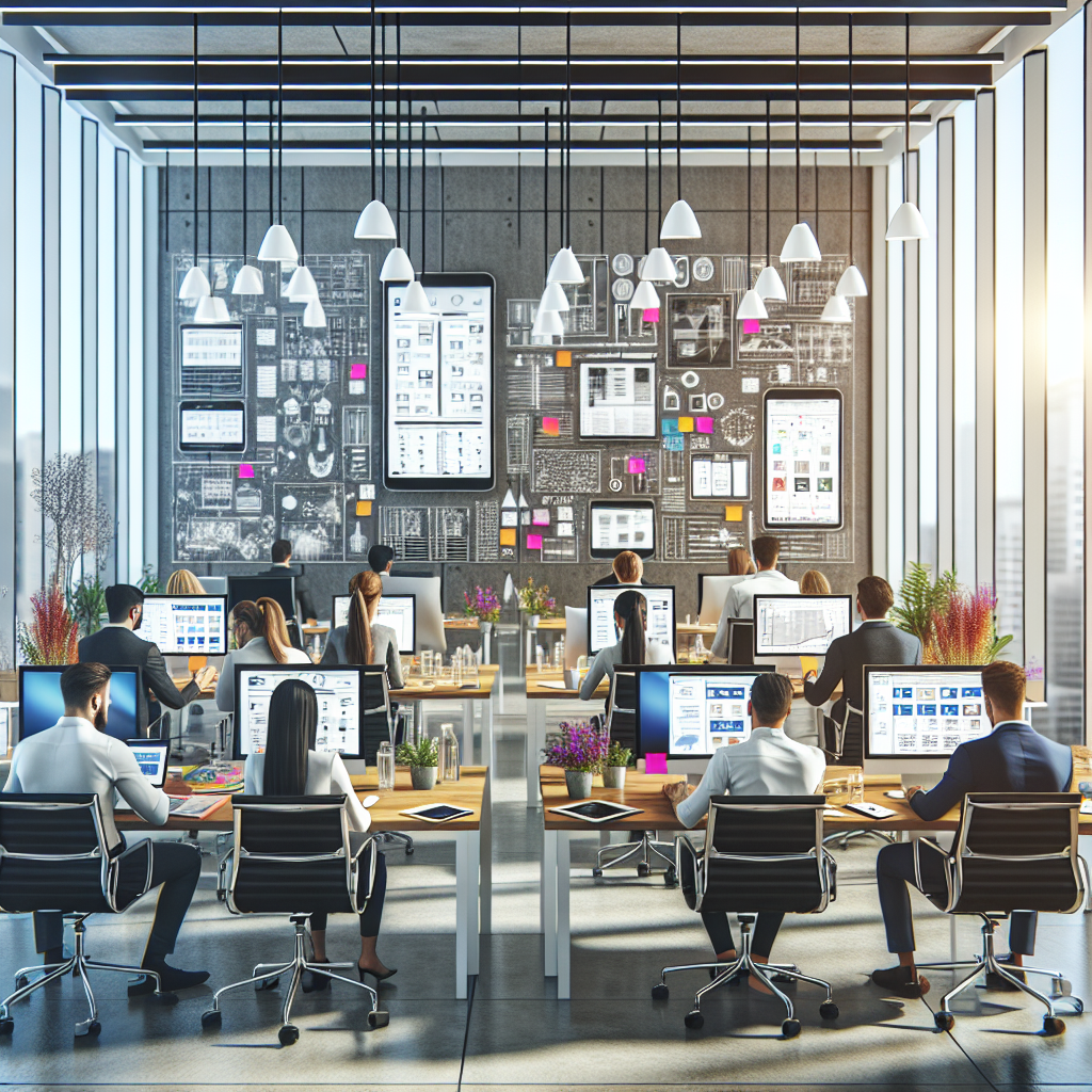 A modern office setting where diverse professionals collaborate on app project management with computers and planning boards.