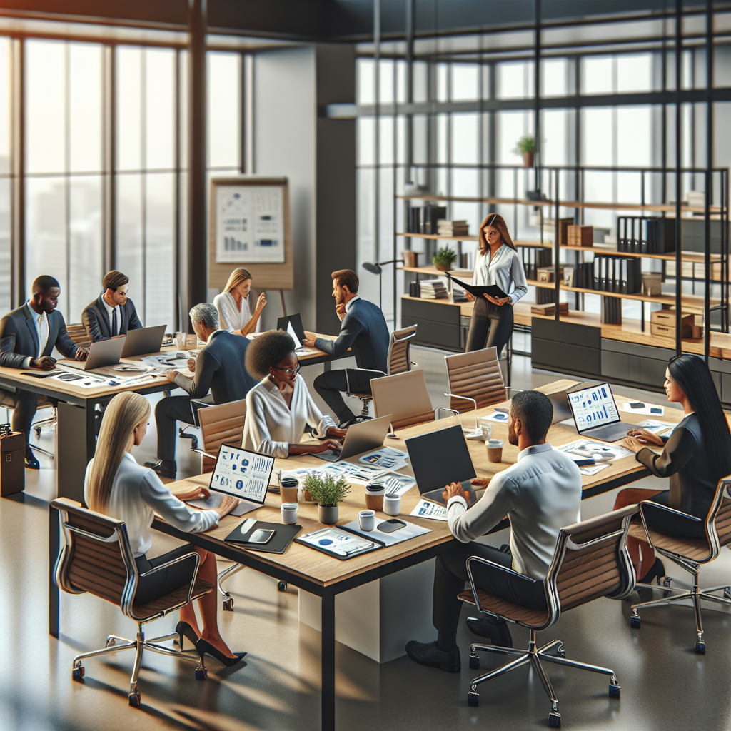 A professional office setting with diverse people collaborating around a table with laptops and documents.