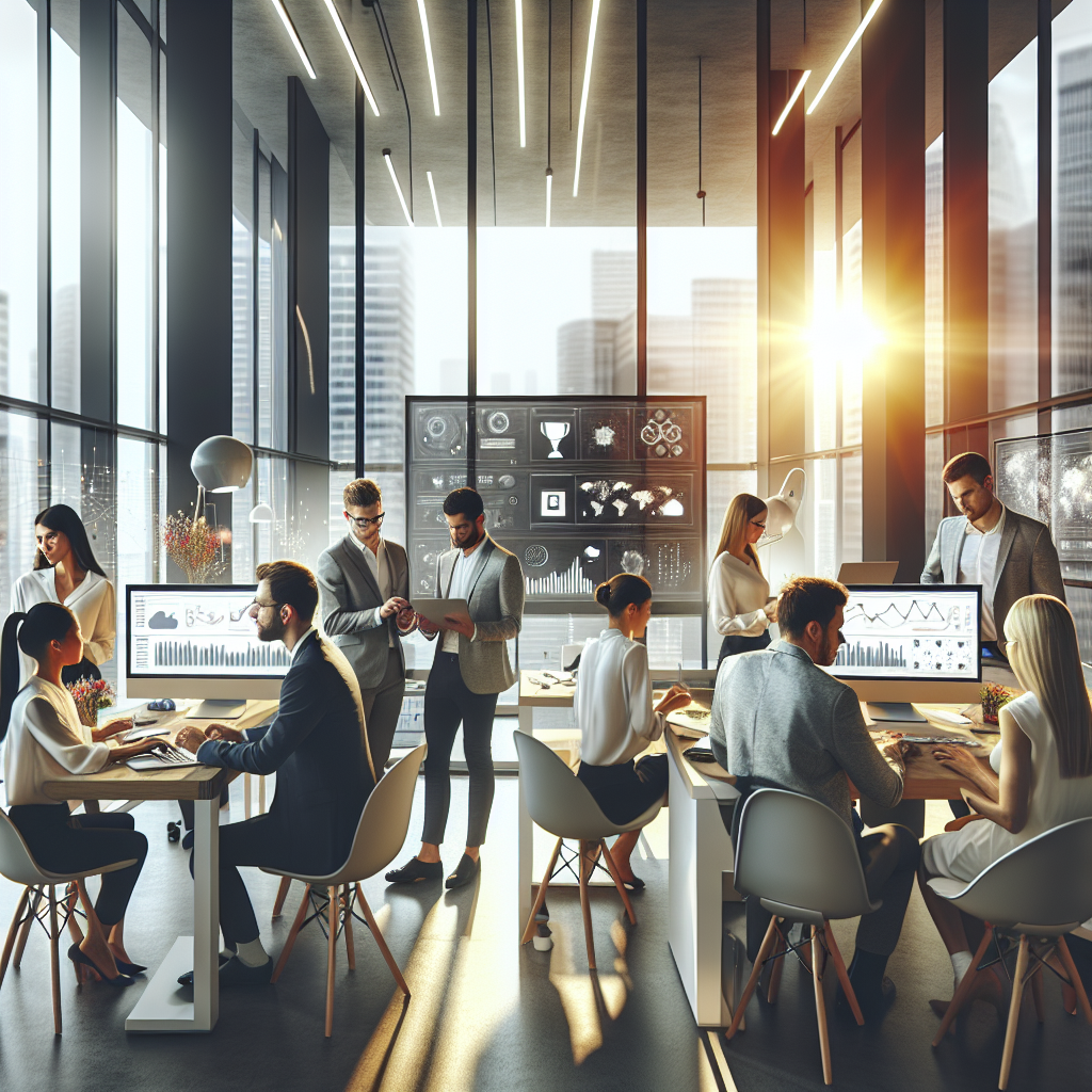 A diverse team of mobile app marketing experts collaborating in a modern office with tech gadgets.