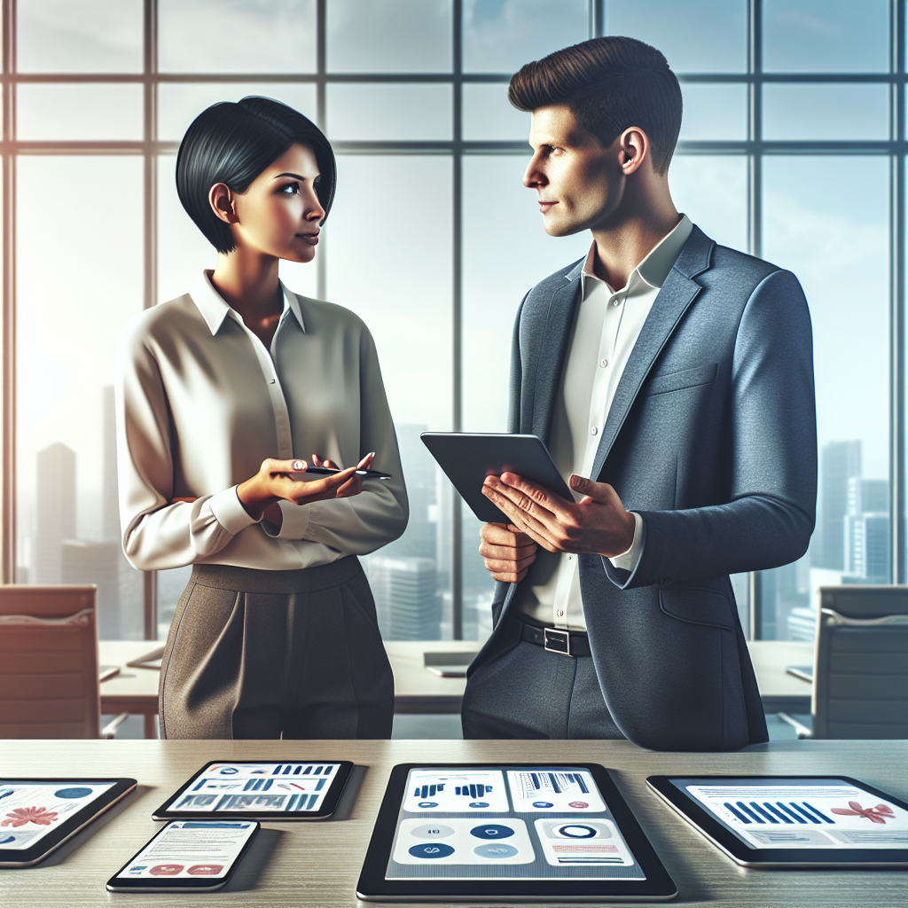 Two mobile app marketing experts in discussion in a modern office with various digital devices around.