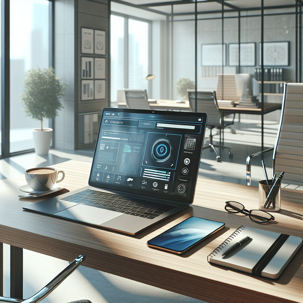 Workspace with a laptop displaying a mobile app interface, accompanied by a smartphone, notebook, and coffee cup in a modern, well-lit office.