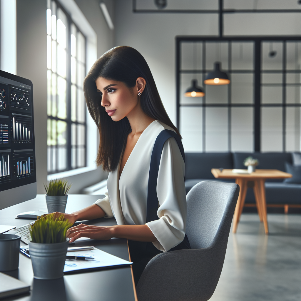 A focused marketing specialist at a modern office workspace working on a user acquisition plan for a mobile app.