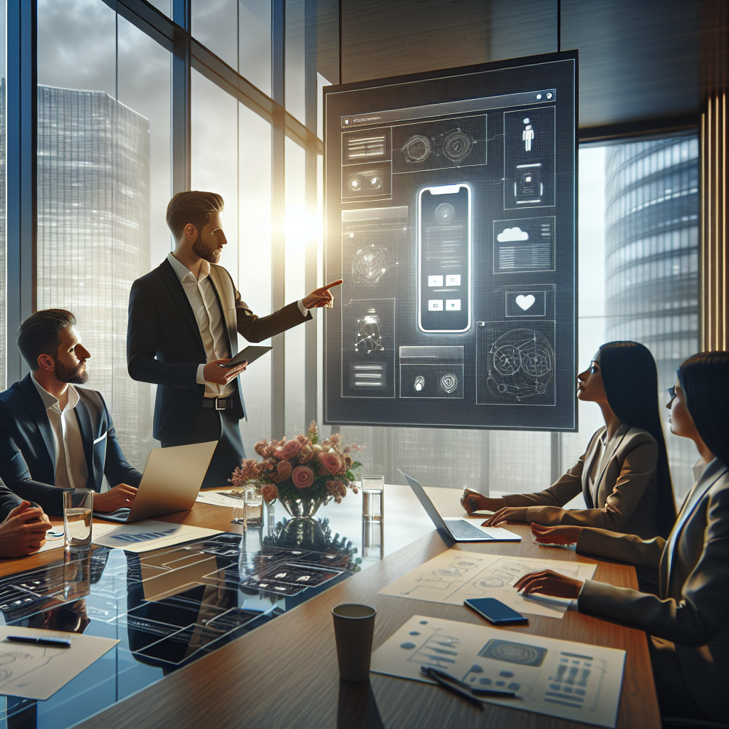 Professional business consulting meeting for mobile app development with people interacting around a table with laptops and devices.