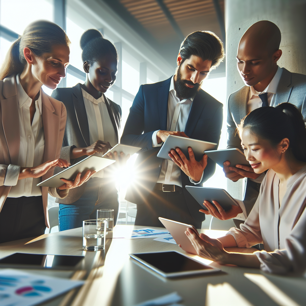 A diverse group of business people in a modern office, engaging with app prototypes on devices.