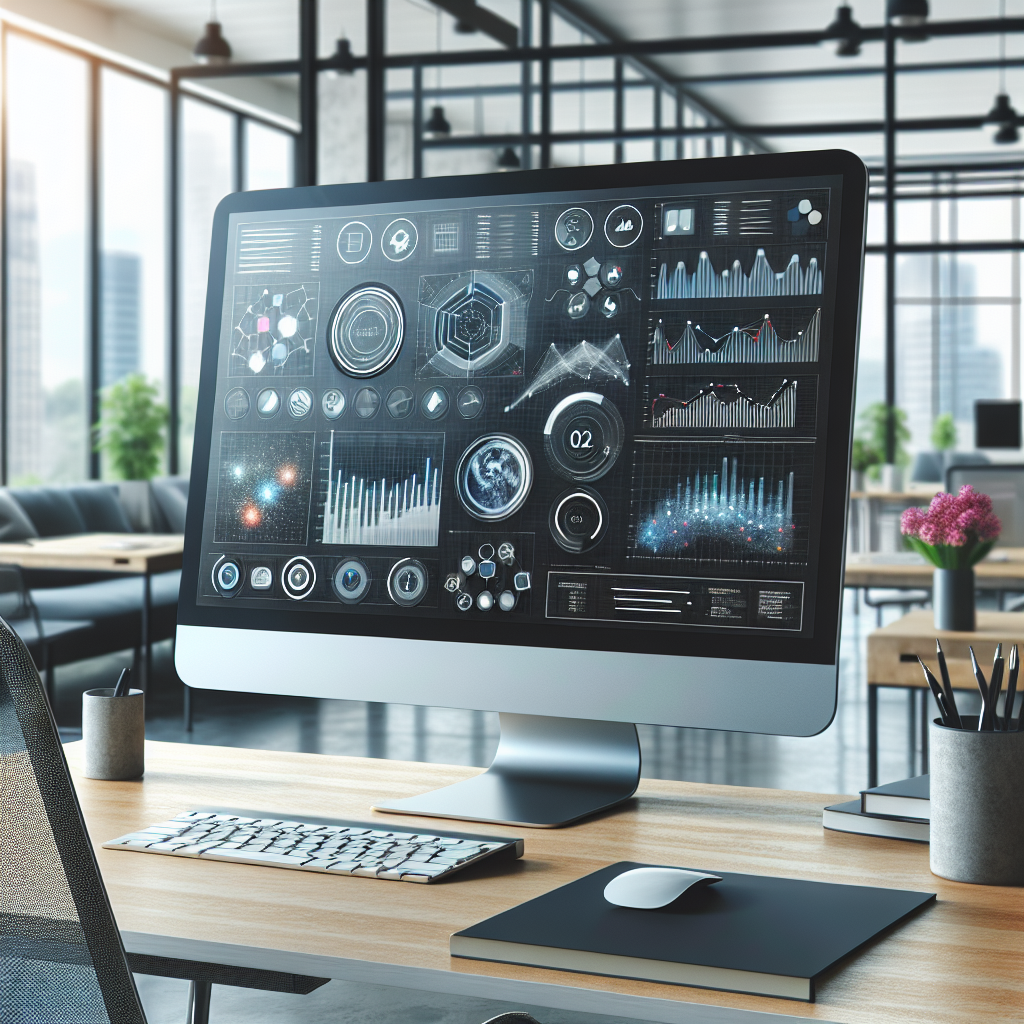 Realistic image of a modern workspace with a computer displaying app analytics and optimization graphs.