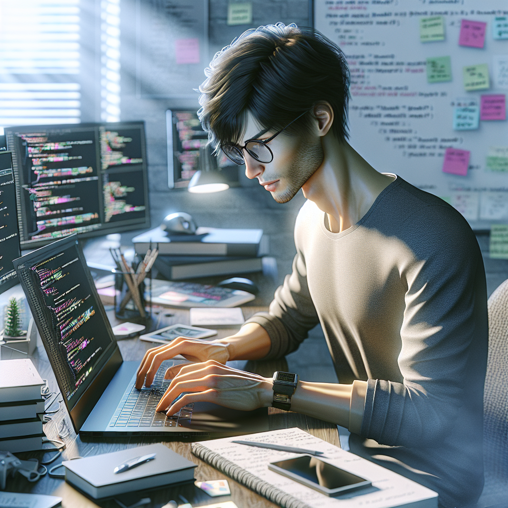 A young app developer working at a desk with coding books, a laptop, and tech gadgets.