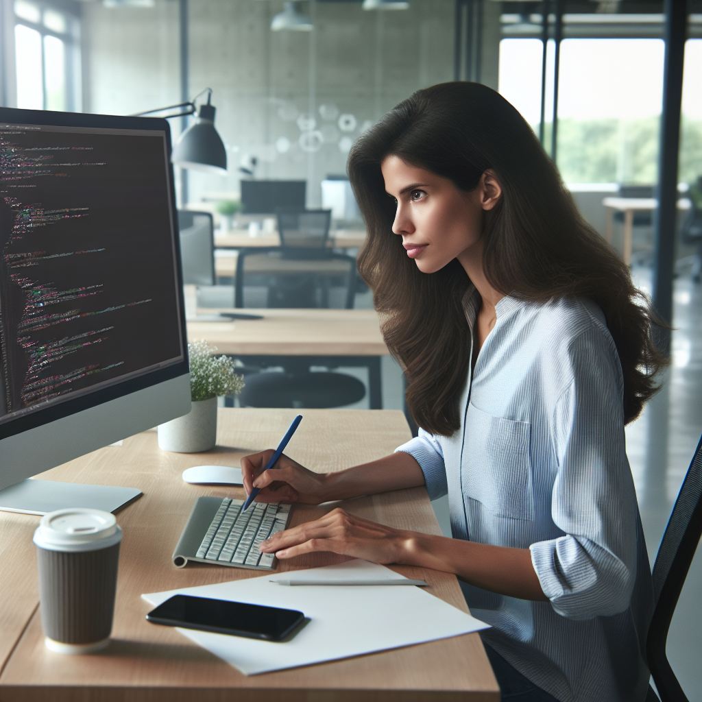 App developer focused on a computer in a modern, well-lit office, with coding on screen and tech-themed decor.