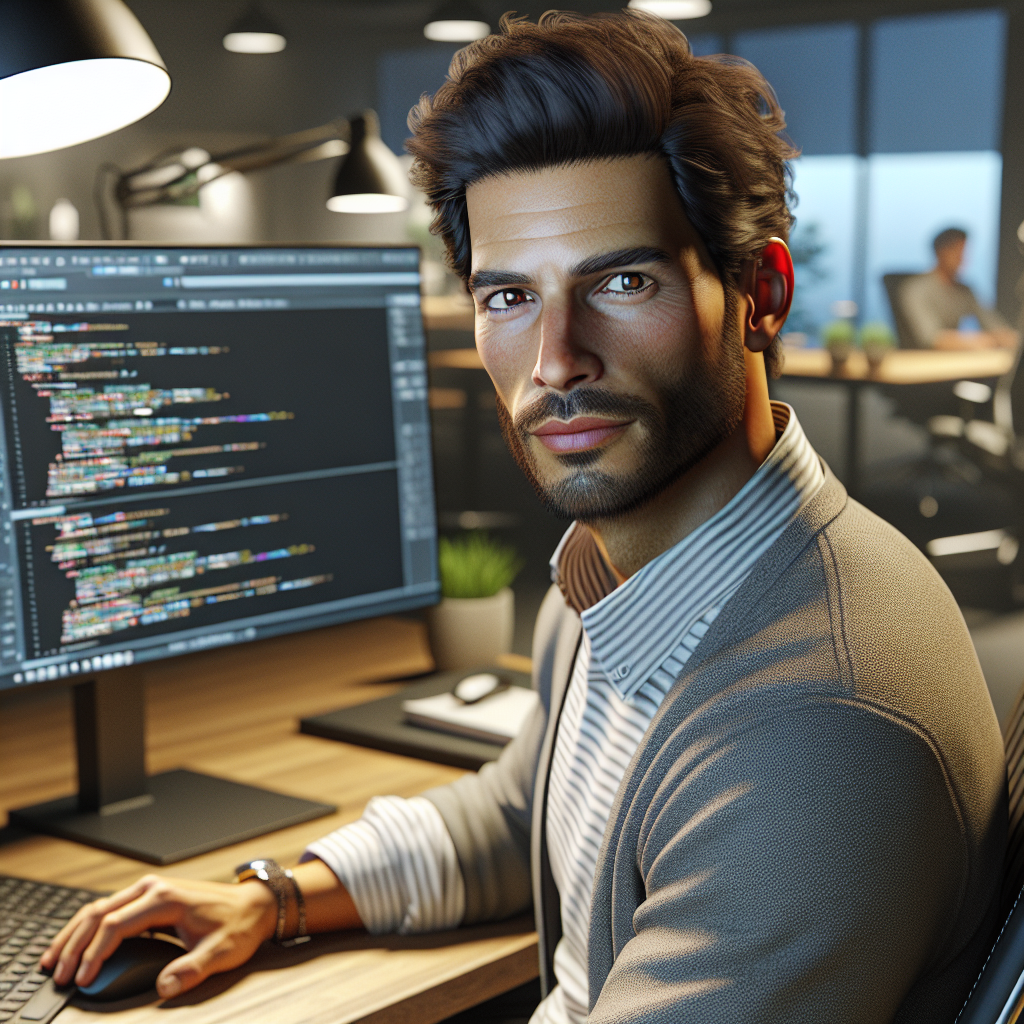 A realistic image of a mobile app developer working at a modern workstation with code on the screen.