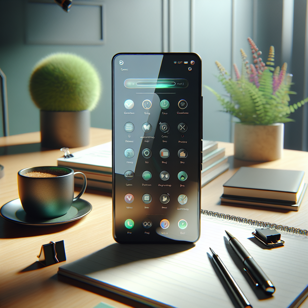 A realistic depiction of a smartphone in a modern workspace with a coffee cup, notepad, and potted plant.