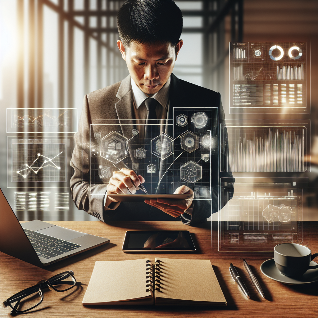 Modern business workspace with person using a tablet, featuring graphs and charts on the screen.